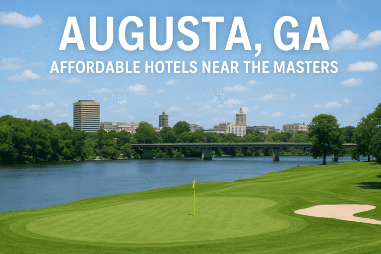 A scenic view of Augusta, Georgia with nearby hotels and greenery near the Masters Golf Course