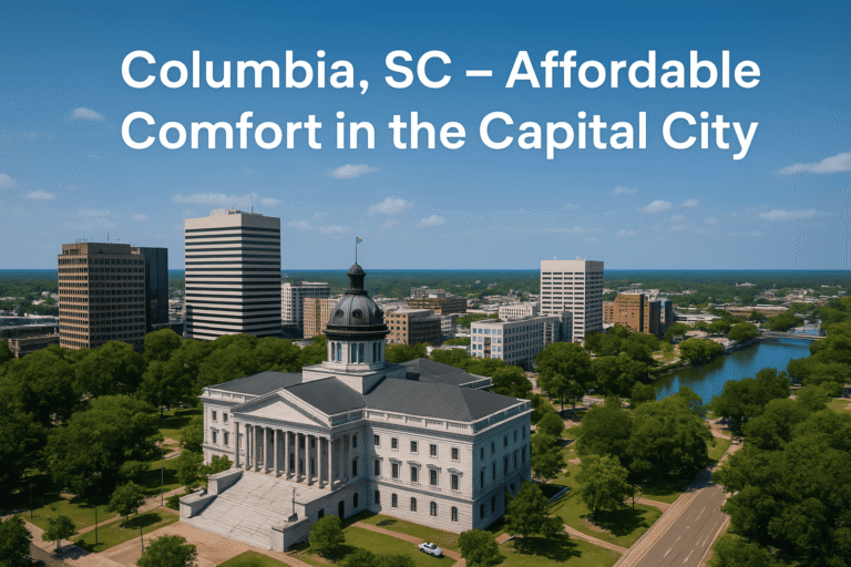 Downtown Columbia, South Carolina skyline with the State House and nearby budget hotels