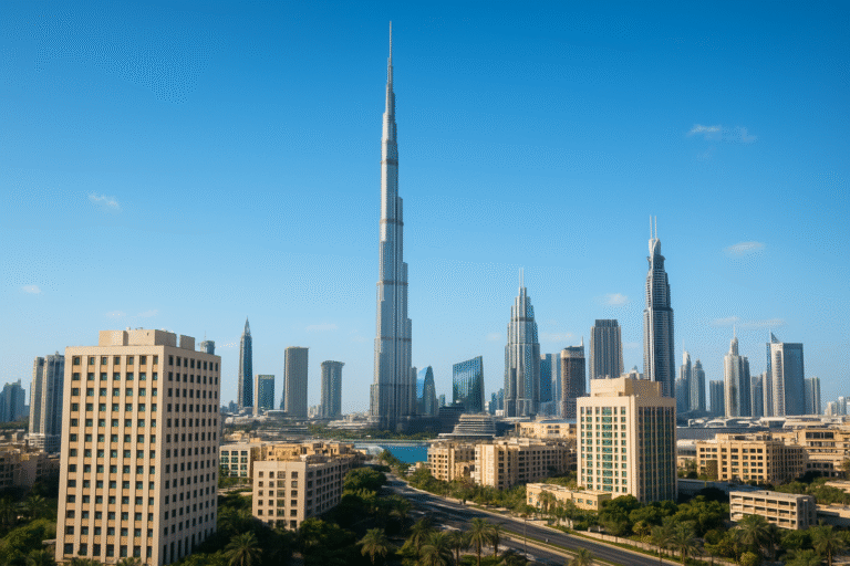 Morning sunlight view of Dubai’s Burj Khalifa and downtown skyline surrounded by modern hotels and blue skies.