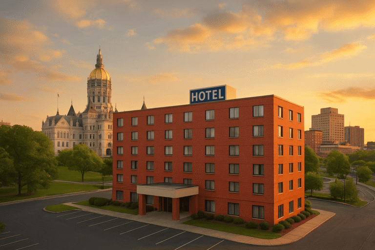 Downtown Hartford, Connecticut skyline with the State Capitol building and nearby budget hotels at sunset