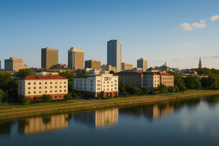 Downtown Montgomery, Alabama skyline with riverfront and affordable hotels