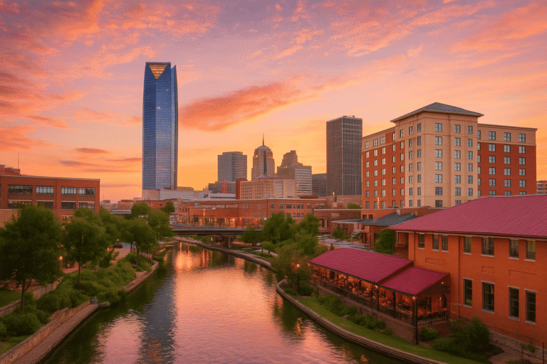 Downtown Oklahoma City skyline with affordable hotels near Bricktown Canal