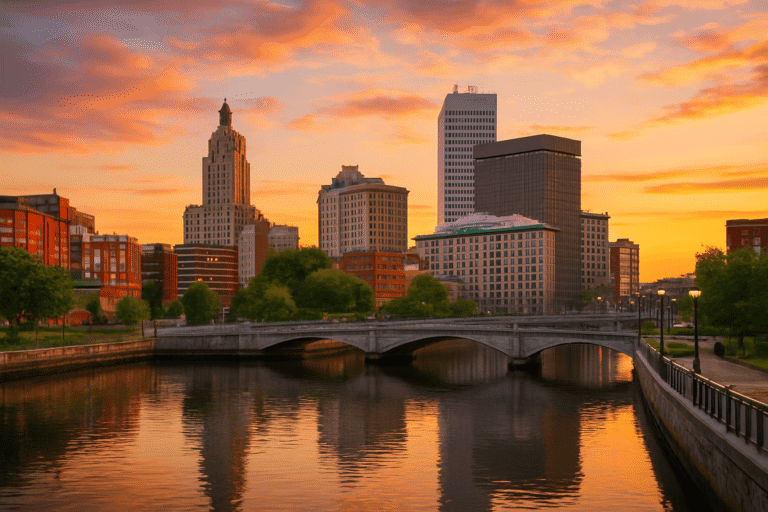 Downtown Providence, Rhode Island skyline at sunset with affordable hotels near the riverfront