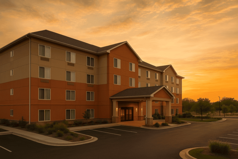 Tulsa, Oklahoma skyline with riverfront view and affordable hotels in Green Country