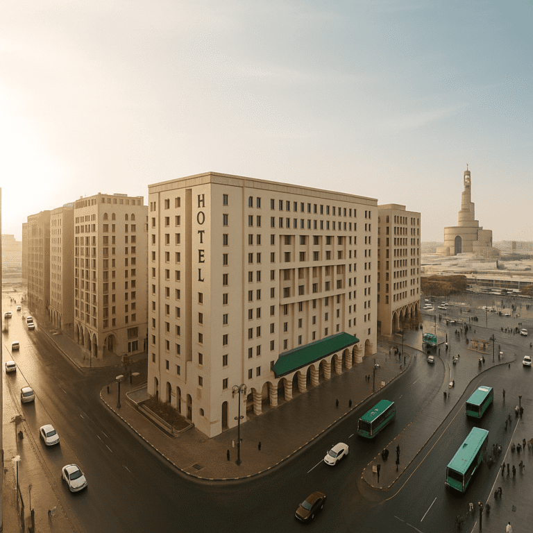 Daytime city view of Doha, Qatar, showing tall beige hotel buildings, busy streets with cars and buses, and the iconic spiral mosque in the background under a warm golden sky