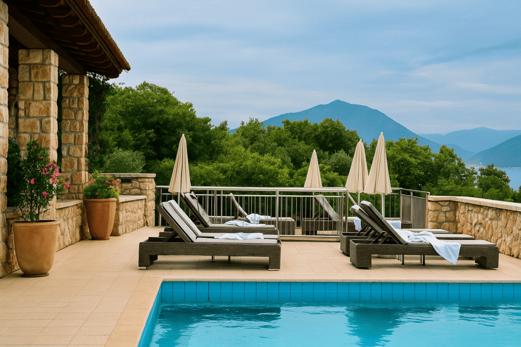 Affordable hotel in Dubrovnik Old Town with pool and mountain view, featuring sun loungers and umbrellas by the Adriatic Sea