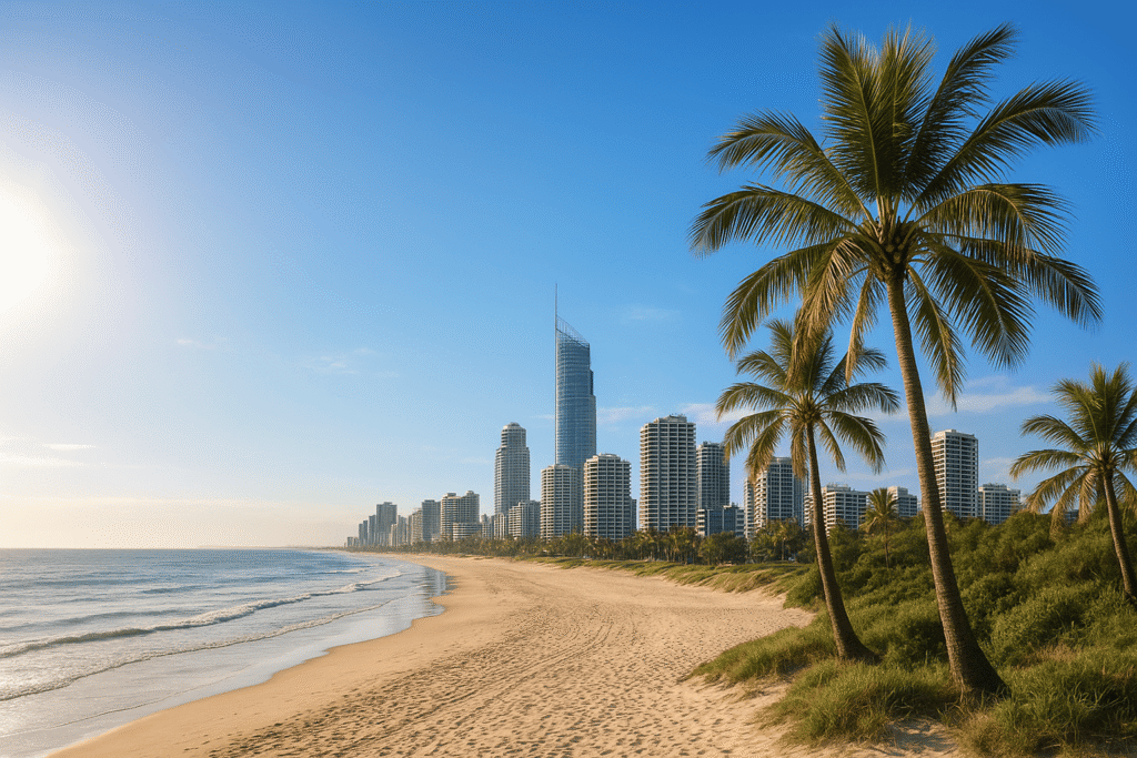 Morning sunlight over Surfers Paradise beach in Gold Coast, Australia, with affordable beachfront hotels and ocean views.