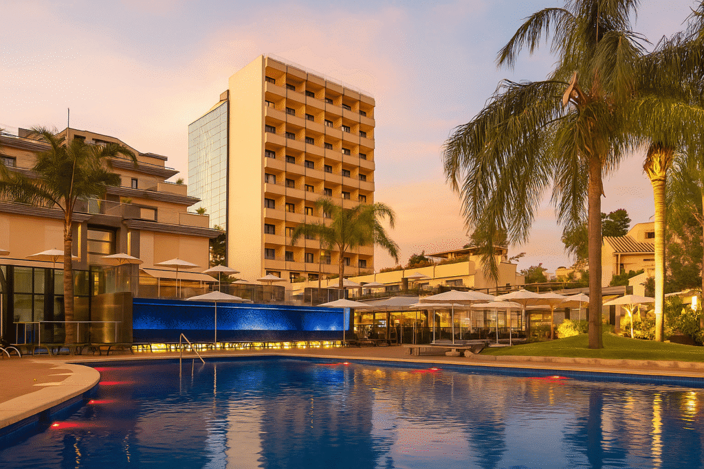 Luxury hotel with palm trees and a blue swimming pool at sunset, featuring modern architecture and outdoor dining area.