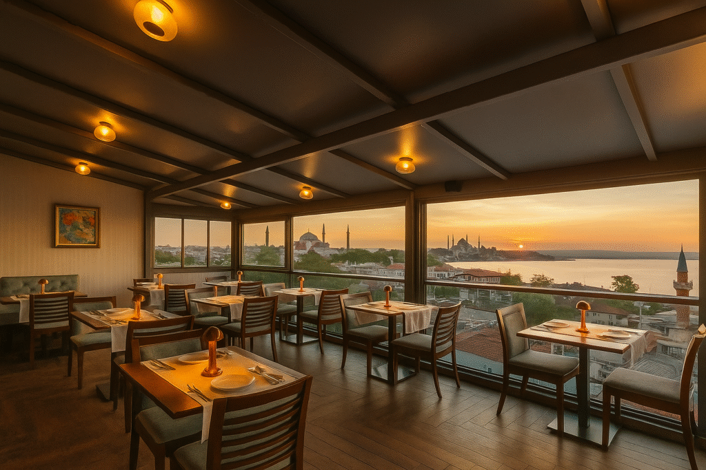 Rooftop terrace from budget hotels in Istanbul overlooking the Bosphorus and Hagia Sophia.