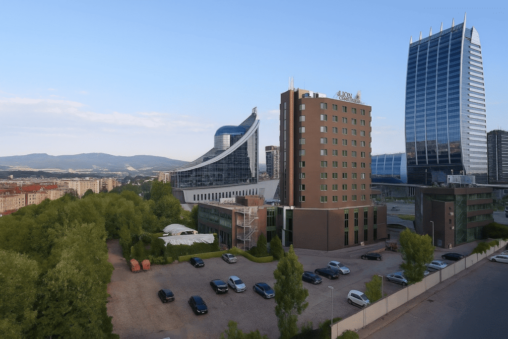 A natural cityscape view of Sofia, Bulgaria, showing modern hotels and office buildings near Alexander Nevsky Cathedral with green trees and mountains in the background.