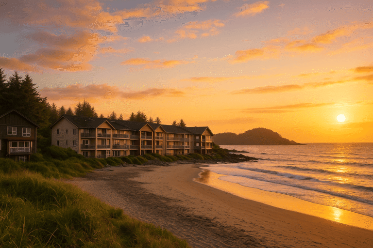 Sunset view of Tofino, British Columbia, showing beachfront hotels and the Pacific Ocean.
