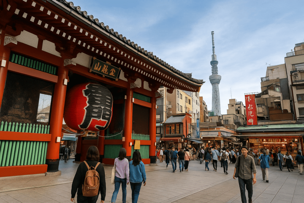 Street view of Asakusa in Tokyo with Senso-ji Temple gate and Tokyo Skytree in the background