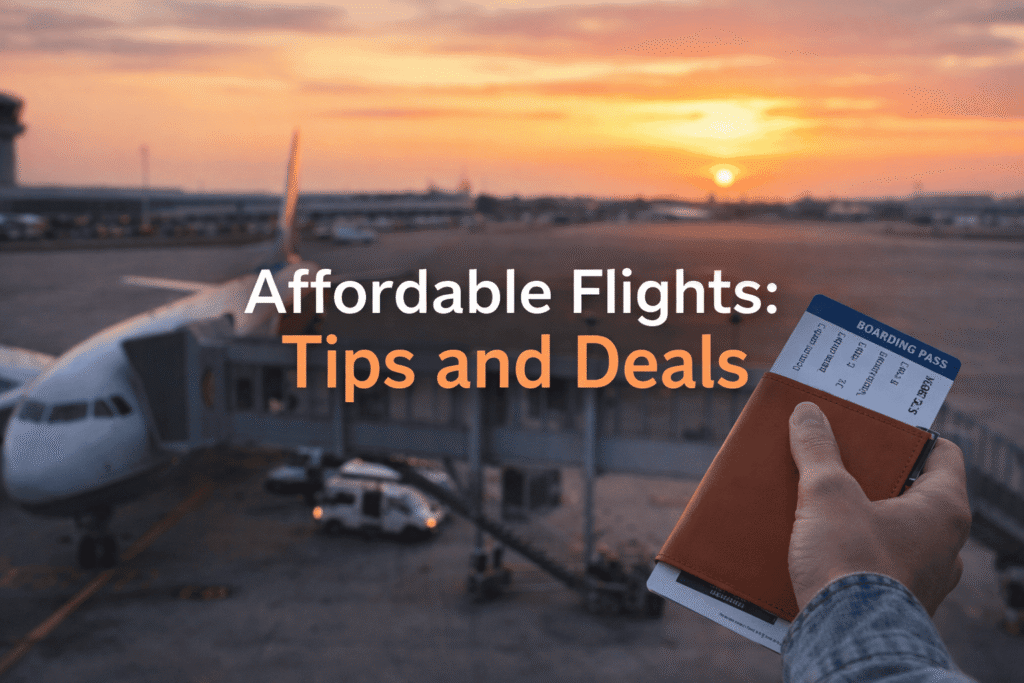 Affordable flights tips and deals with airplane at airport during sunset