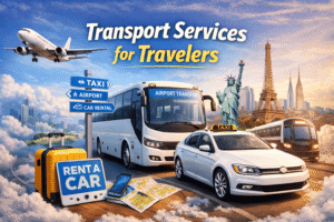 Transport services for travelers including airport transfers, taxis, and car rentals