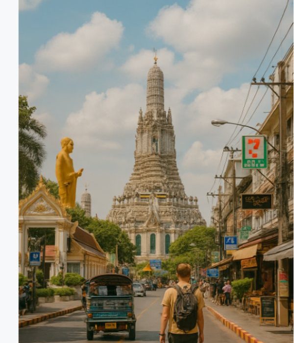 Wat Arun temple in Bangkok with a golden Buddha statue and street view