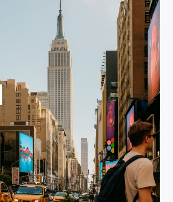 Empire State Building and busy street view in New York City with yellow taxis