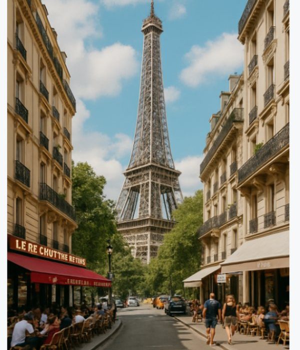 Eiffel Tower view from a Paris street with cafés and people dining outdoors