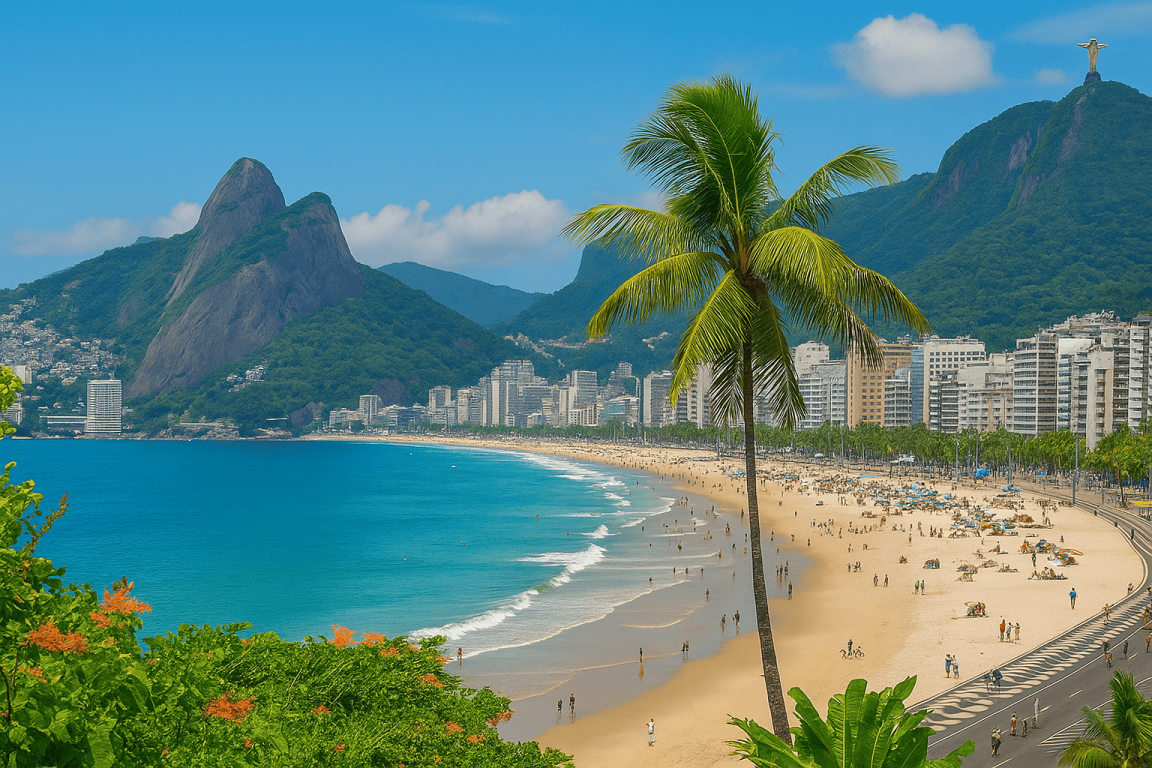 Beautiful view of Copacabana Beach in Rio de Janeiro, Brazil with Sugarloaf Mountain and Christ the Redeemer in the background — a natural travel scene for budget hotel travelers in Brazil