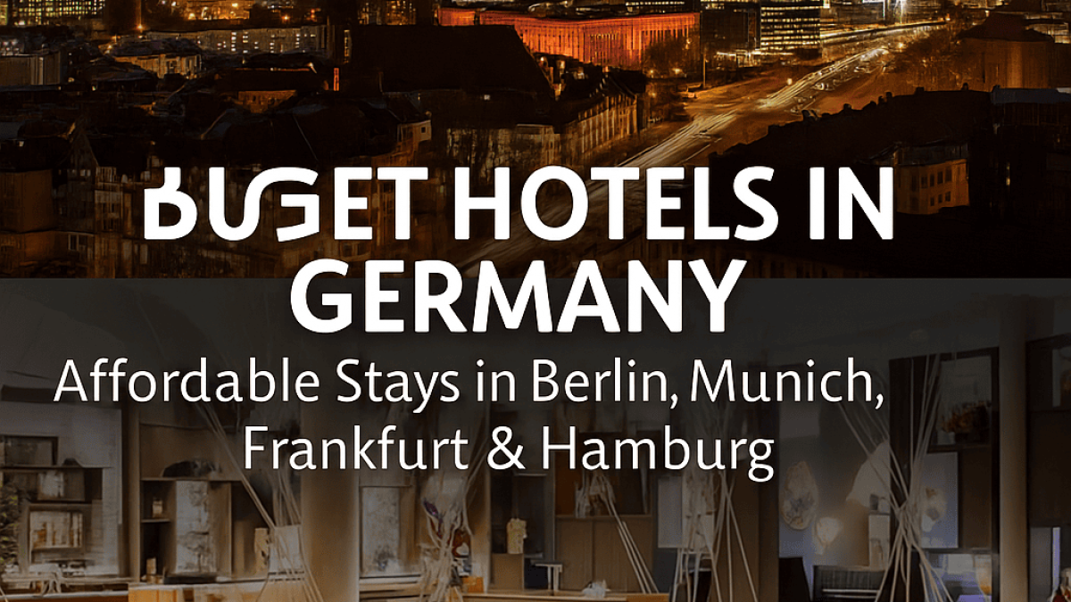 Modern German hotel restaurant interior with stylish seating, elegant table settings, and warm ambient lighting — showcasing contemporary design and welcoming atmosphere for travelers.