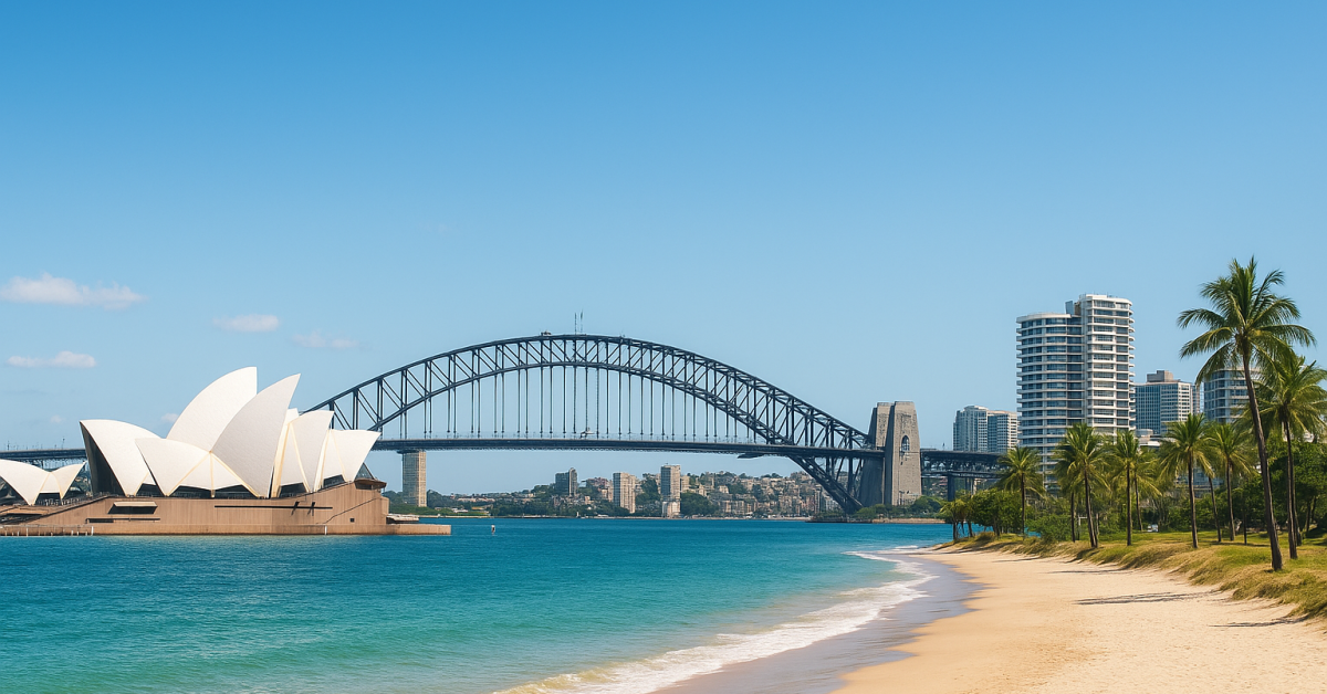 Beautiful view of Sydney Opera House and Harbour Bridge with a sunny Gold Coast beach, representing affordable hotels and hostels in Australia.