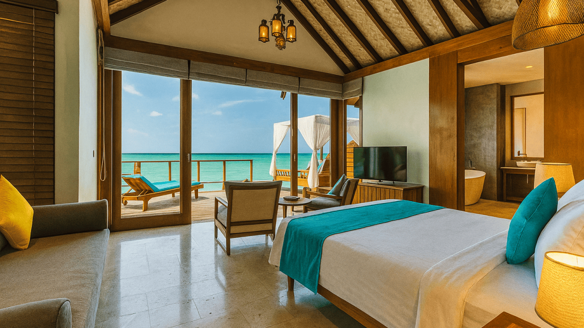 Beautiful budget hotel by the Maldives with ocean view, modern interior, and private deck featuring lounge chairs and turquoise sea backdrop