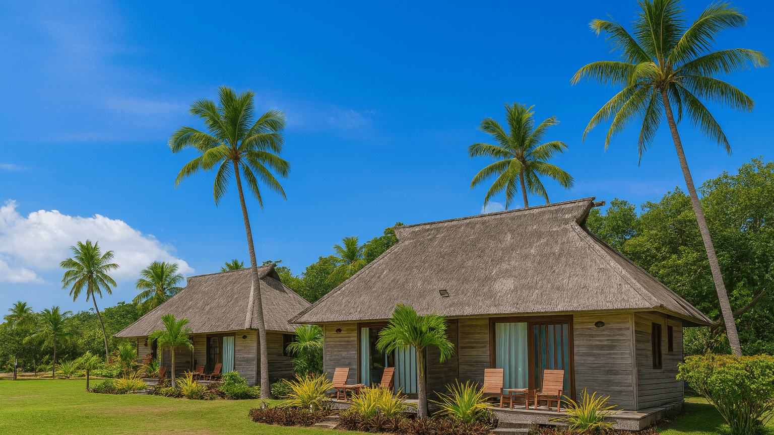 Budget beachfront hotel in Fiji with palm trees and clear blue water