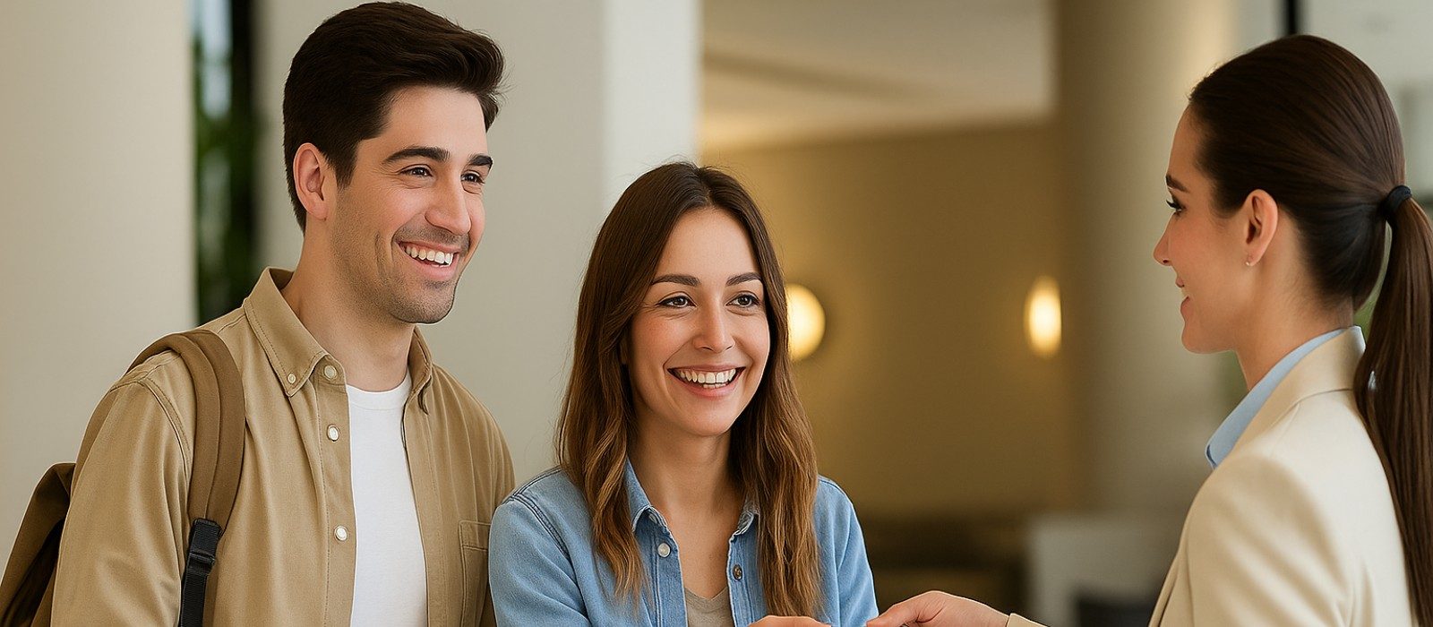 Couple checking in at a hotel reception with friendly staff, representing affordable and welcoming stays for travelers.