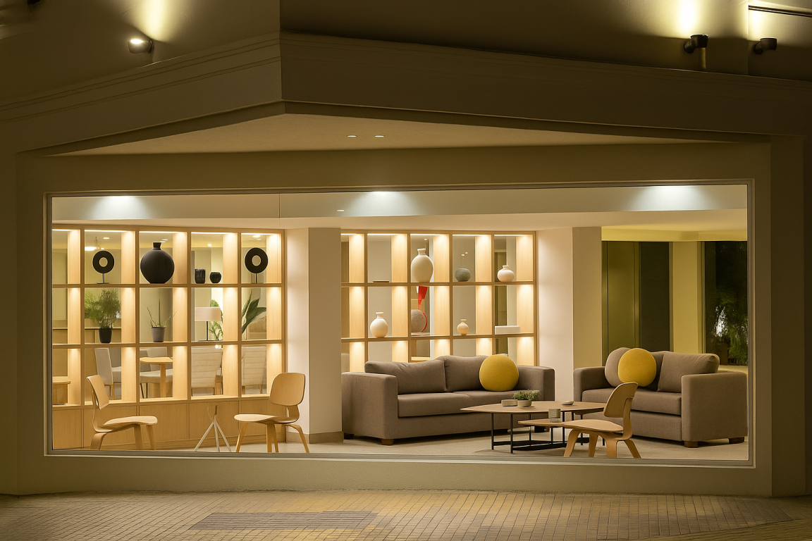 Modern hotel lounge in Argentina with warm lighting, minimalist furniture, and cozy seating area seen through a large glass window.