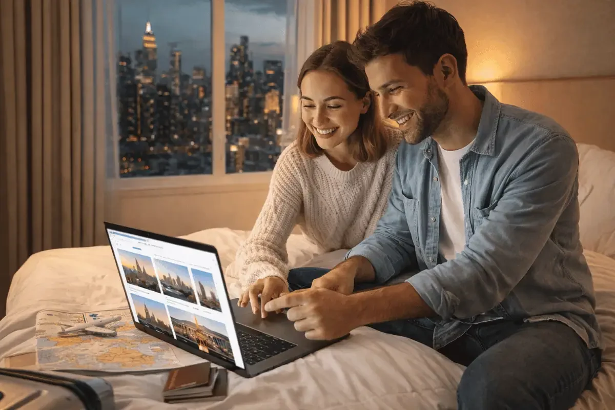 Couple planning travel and hotel stay using a laptop in a hotel room
