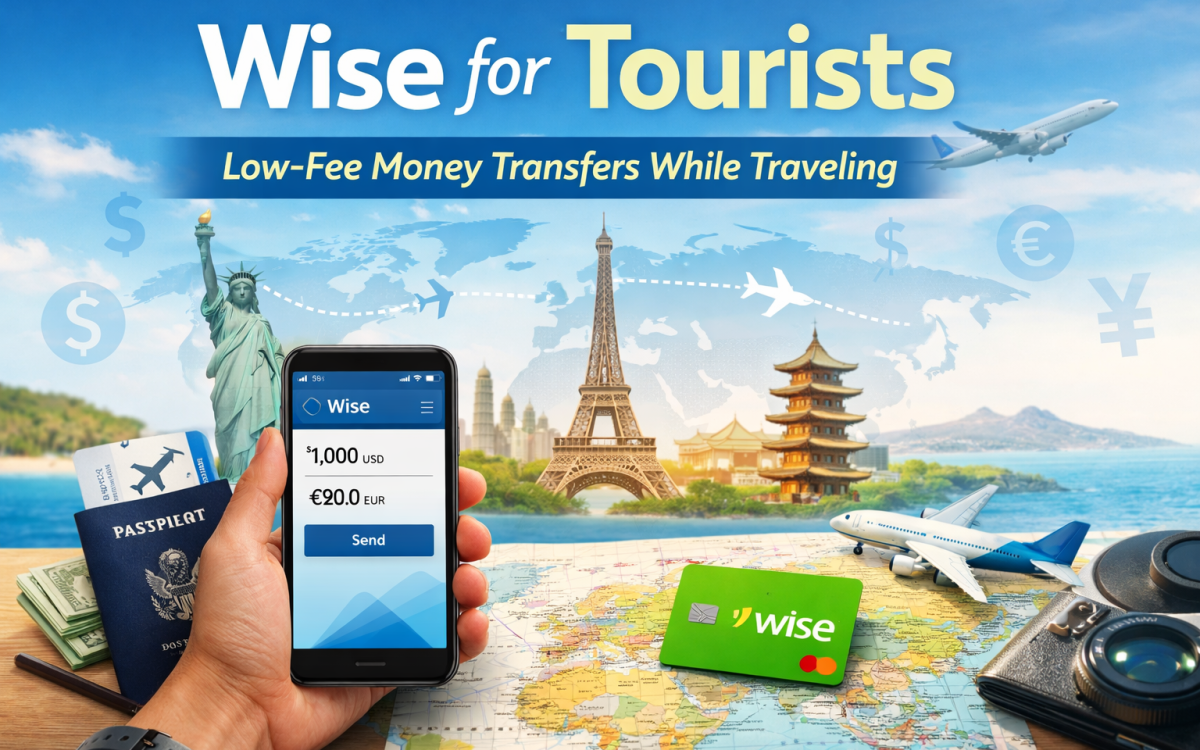 Wise for tourists – low-fee international money transfers while traveling, showing a traveler using the Wise app with passport, boarding pass, and world map.